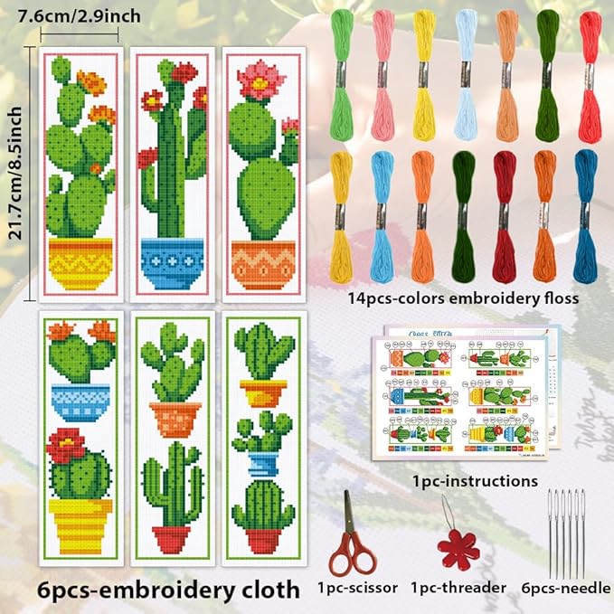ACRNIGHEET 6PCS Cactus Cross Stitch Bookmark Kit for Beginner Stamped Cross Stitch Kits for Adults DIY Embroidery Bookmark Kits Crossstitch Kits Adult with Instructions Hand Craft Gift 11CT