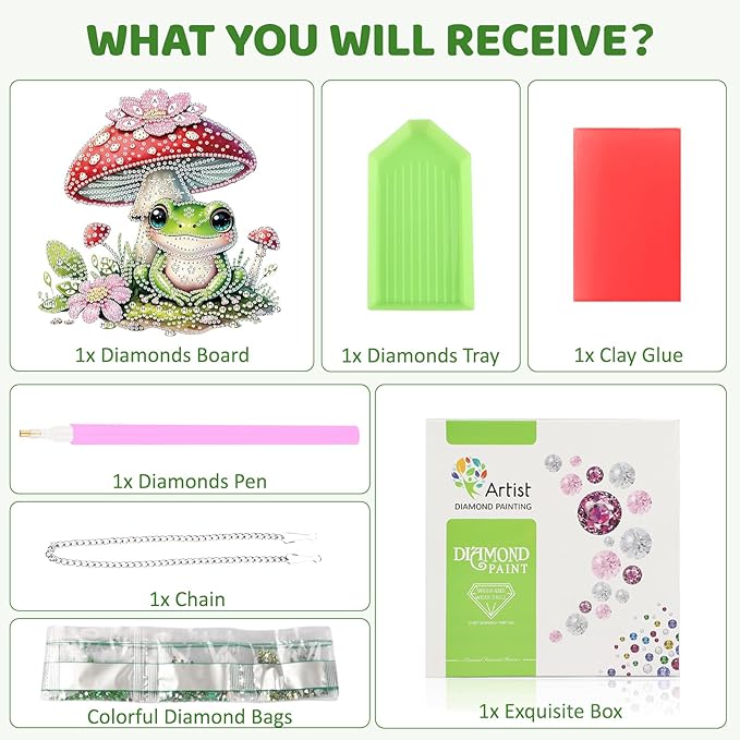 MEIYUDA Frog Diamond Art Hanging Kits for Adult, Mushroom Frog Diamond Painting Hanging Kits Ornaments, Animals DIY Special Shaped Rhinestone Window Pendants kit for Home Garden Wall Decor Gift