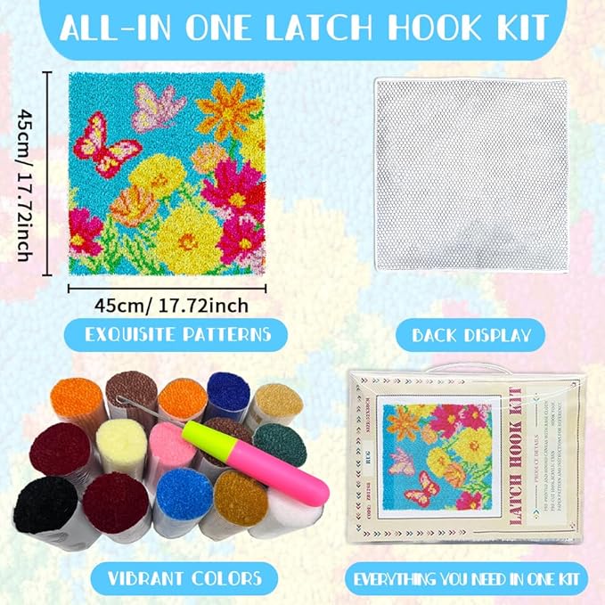 ORIGACH Butterfly & Floral Latch Hook Rug Kit for Adults Printed Rug Making Kit Handmade Carpet Tapestry Cover with Hook Latch and Preprinted Canvas, Home Arts Crafts Sofa Decor, 17.72x17.72inch