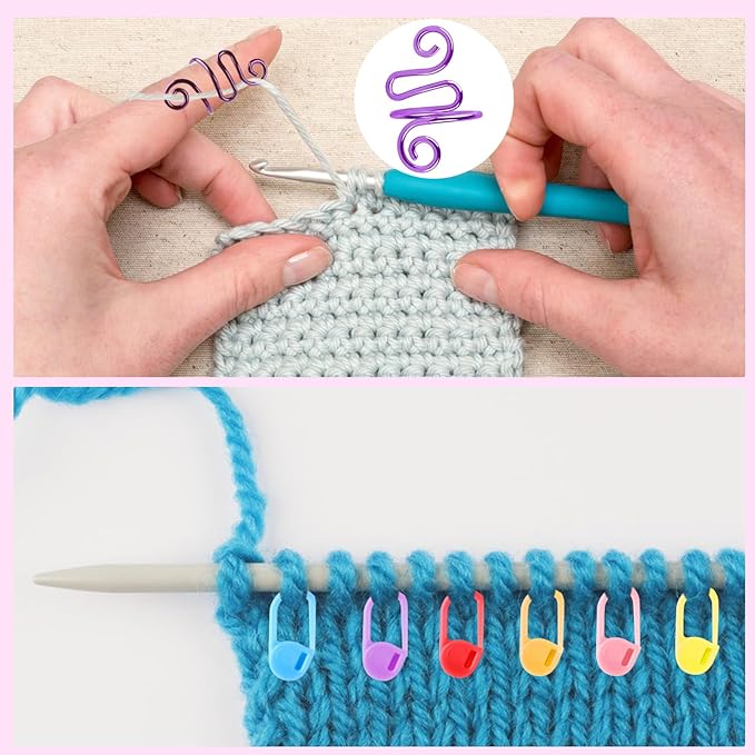 LBU 4Pcs Crochet Ring + 60Pcs Stitch Markers Adjustable Crochet Tension Rings for Finger Handmade Open Yarn Guide Crocheting Rings Knitting Accessories with Box Crochet Gifts for Women Mom Crocheters