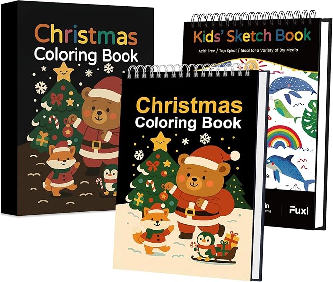 fuxi christmas coloring books for kids ages 8-12, 60 sheets (73lb/120gsm) blank sketchbook + 50 designs blank coloring book, coloring supplies & art supplies for kids.