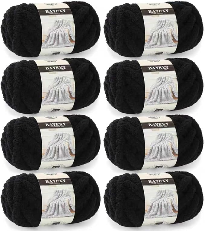 Chunky Chenille Yarn for Hand Knitting 8 Jumbo Pack Jumbo Chunky Yarn for Hand Soft Blanket Knitting, Bulky Thick Fluffy Yarn for Crocheting (Black)