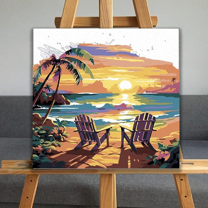 JUJUHOOD Sunset Beach Scene Framed Paint by Numbers Kit for Adults Beginner & Kids Ages 8-12, Seaside Paint by Number Without Easel, Simple Paint by Numbers for Gift Home Wall Decor (10x10Inch)