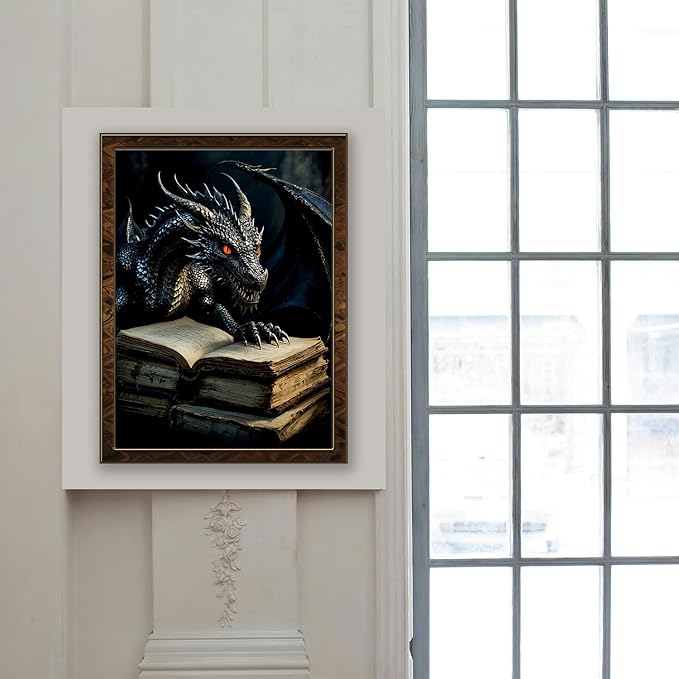 MBNTJHT DIY Dragon Diamond Painting Kits for Adults,5D Full Round Drill Diamond Art Kits for Adults Beginners,Black Dragon and Books Painting by Diamonds Kit Crafts for Home Decor Gifts 12X16 Inch.