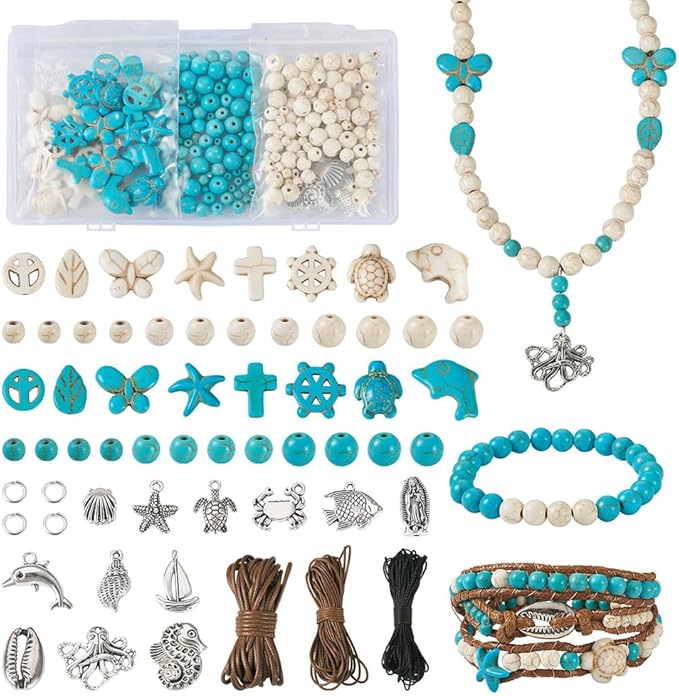 FASHEWELRY 315pcs Turquoise Bead Bracelet Making Kit 4mm/6mm/8mm Round Turquoise Gemstone Beads Ocean Theme for Necklace Earrig DIY Jewelry Making