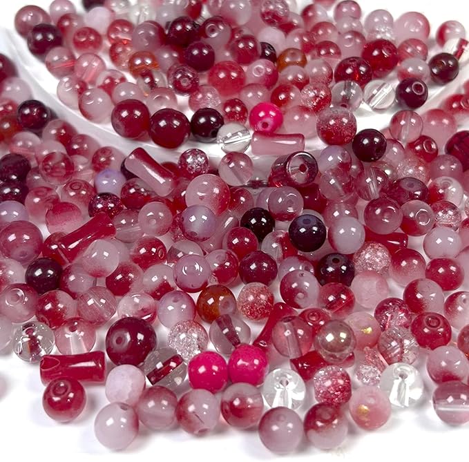 300pcs Glass Beads Red, 8mm Assorted Crystal Bead for Jewelry Making, Round Spacer Loose Beads Kit for DIY Charms Bracelets Necklaces Earrings