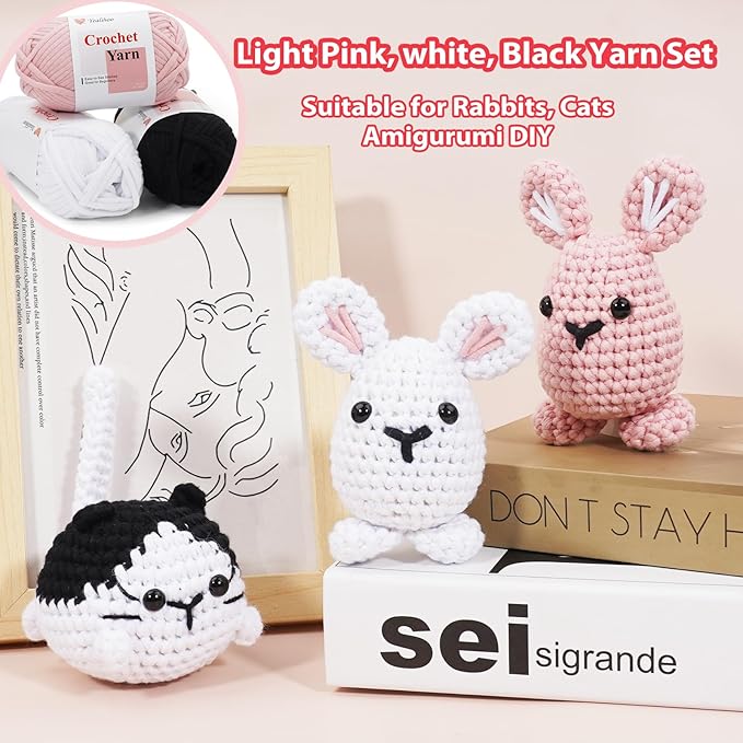 Beginners Yarn for Crocheting, Easy Crochet Yarn for Beginners, 3 Pack × 1.8 oz Amigurumi Yarns, Bunny Crochet Kit, Thick and Soft, Easy-to-See Stitches, Worsted Medium # 4, Cotton-Nylon Blend