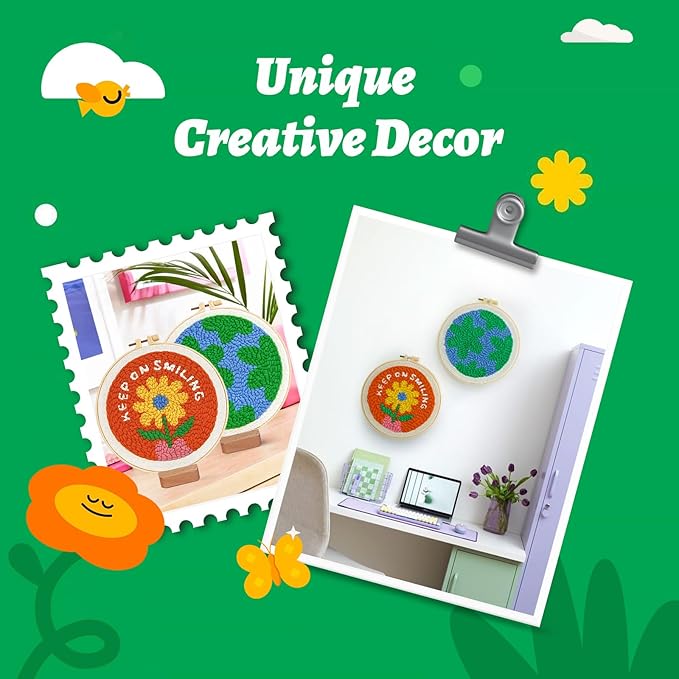 yuegool 2PCS Punch Needle Decoration Kit,Easy DIY Punch Needle Embroidery Kit for Beginners Adults Including Patterns, Tools, Yarns, Hoop, Instruction, Bracket Art Craft Supplies