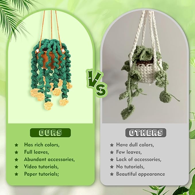 Kogyxe Beginners Crochet Kit, Hanging Potted Plants Knitting Starter Pack, Amigurumi Crochet Starter Kits w Step-by-Step Video Tutorials for Beginners Decoration, Plants Family (40%+ Yarn)