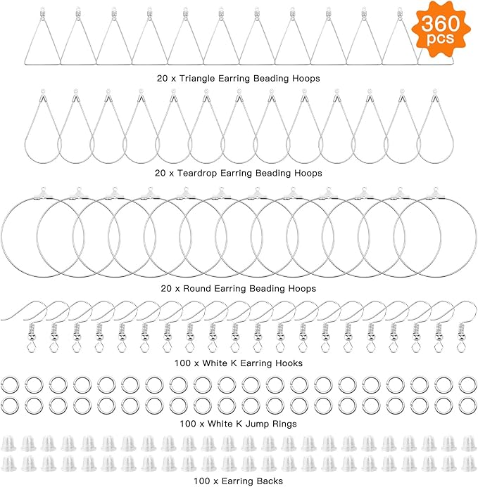 360pcs jewelry making kit with teardrop triangle round beading hoops, hooks, jump rings, earring backs for diy earring craft (white k)