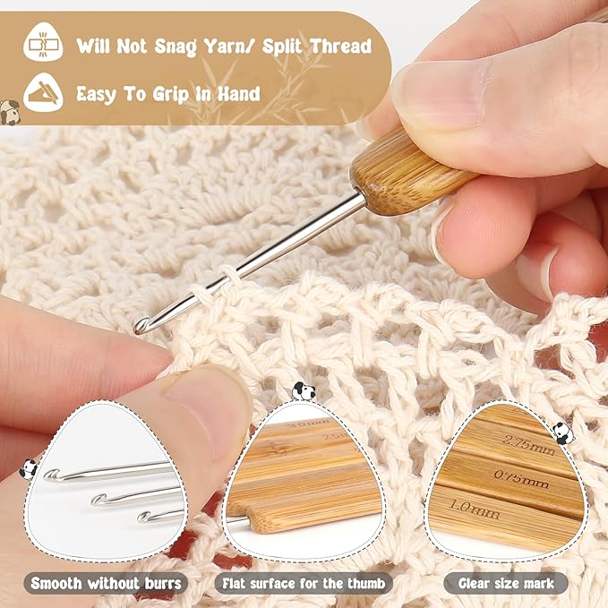 Katech 10 pcs Crochet Hooks Ergonomic Crochet Needles Bamboo Wooden Handle Small Size Crochet Hook (0.75-3.0 mm) Knit Weave Yarn Craft DIY Sewing Tools for Fine Work, Thin Yarn and Lace Knitting