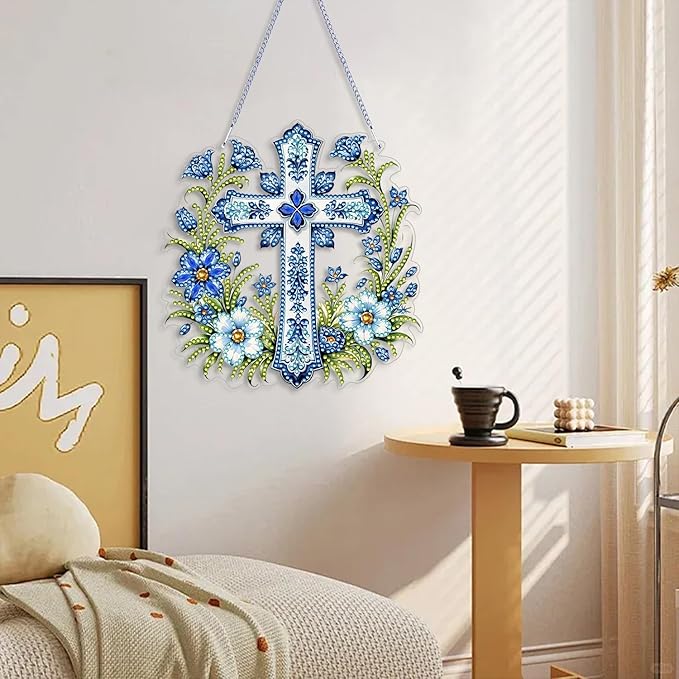 ARPADAMO Hanging Diamonds Art kit for Adult,DIY Cross Flowers Pendant Diamonds Painting Art Kit, 7.0x6.8 inch Acrylic Diamonds Painting Board Kit Ornament, Special Crystal Diamond Hanging Ornament