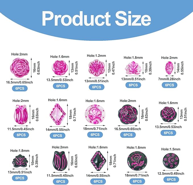 FASHEWELRY 90Pcs Hot Pink Black Acrylic Beads Rose Flower Beads Assorted Cute Flower Loose Beads Bulk Kawaii Vintage Bead for Bracelets Necklace Key Chains Jewelry Making