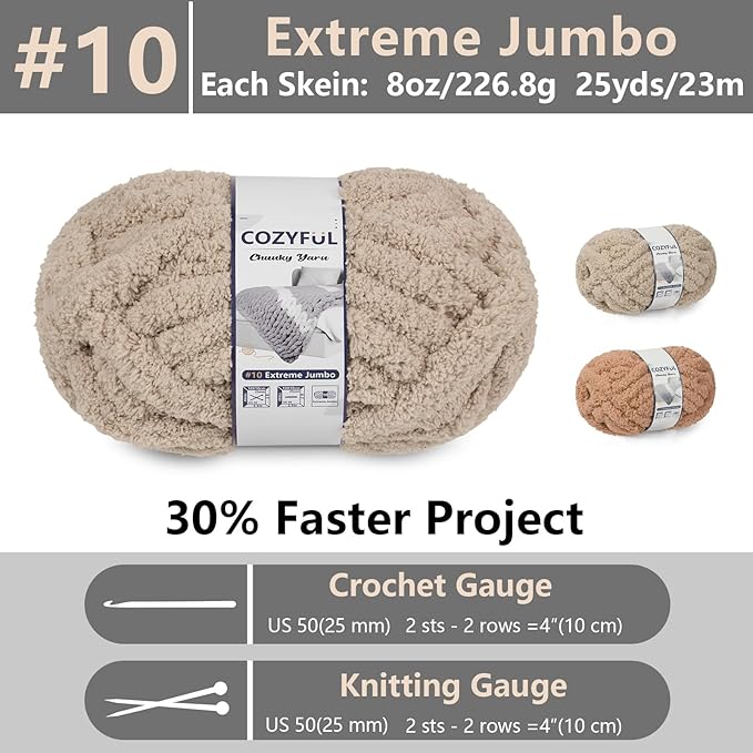 Chunky Yarn for Hand Knitting - #10 Chunky Chenille Yarn, Jumbo Big Thick Chunky Yarns for Crocheting, Super Bulky Chunky Knit Blanket Yarns, 8 Skein (25yd, 8oz/Skein), Khaki & Coffee