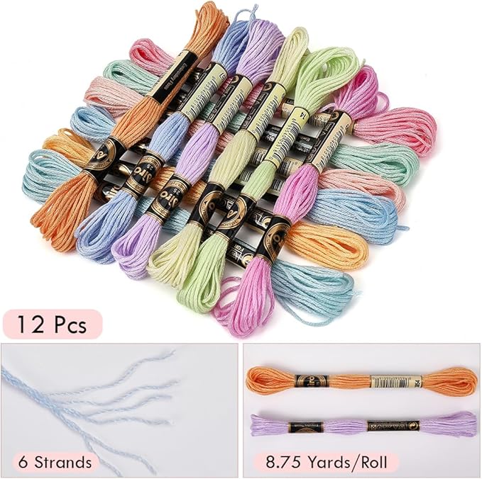 12 Skeins 105 Yards Embroidery Floss Cross Stitch Threads 6 Ply Variegated Macaroon Friendship Bracelet String Floss Threads Bulk for Jewelry Making Bracelet Knitting Stitching Craft Supply