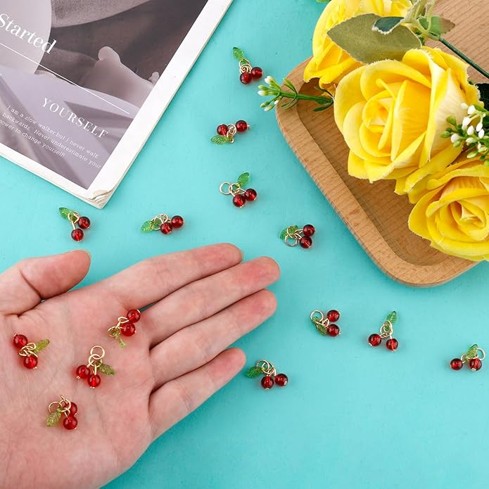 30pcs Red Cherry Charms, Cute Glass Red Fruit Pendants with Loop DIY Jewelry Making Accessories for Bracelet Necklace Earrings