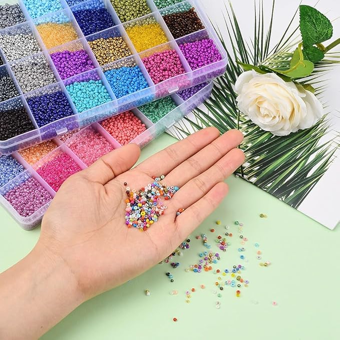 38660 Pcs 2mm Glass Seed Beads Jewelry Making Kit, 2 Boxes 48 Colors Small Bead Friendship Bracelet Set with Pendants, Letter Beads & Elastic Cord, Gift for Craft Enthusiasts