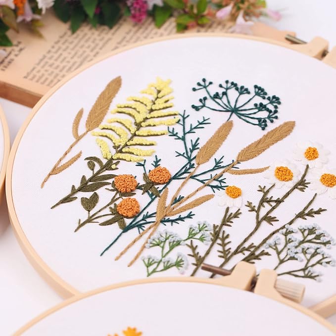 harimau 4pcs beginner embroidery kit,flower pattern,cross stitch kits, including stamped embroidery cloth with 2 embroidery hoops, multicolor color threads for embroidery kit