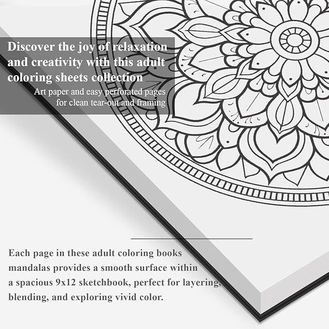 Mandala Coloring Book for Adults Hardcover: 50 Unique Designs Spiral Coloring Book for Adults with Perforated Pages. (Mandala Designs, 9 x 12 inches, 50 Sheets), Valentines Day Gifts.