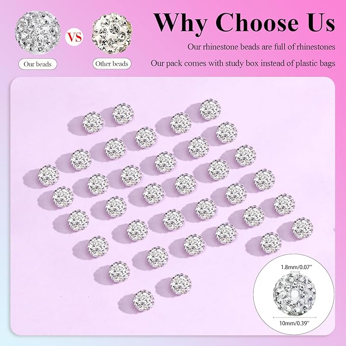 Dowarm 255PCS 10mm Rhinestone Beads for Baseball Necklace Bracelet Jewelry Making, White Rhinestone Clay Beads for Crafts Beaded Pen, Round Polymer Clay Shamballa Pave Disco Diamond Bead