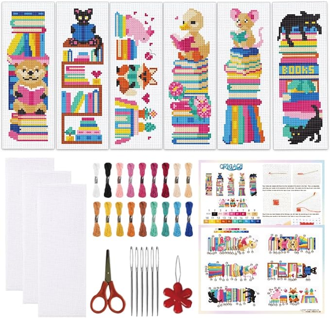 ORIGACH 6 Set Reading Animals & Book Stacks Cross Stitch Bookmark Kit for Beginner with Backing Felt Floss Instructions DIY Stamped Embroidery Bookmark Kit for Adults, Book Lovers