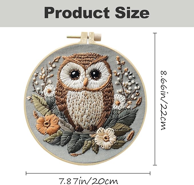 QBQBQ Owl Embroidery Kit - 8.2in, Owl Punch Needle Kit for Adults, Cross Stitch Kits for Beginners, Include Embroidery Cloth Bamboo Hoops and Step by Step Instructions, for Craft Lover Hand Stitch