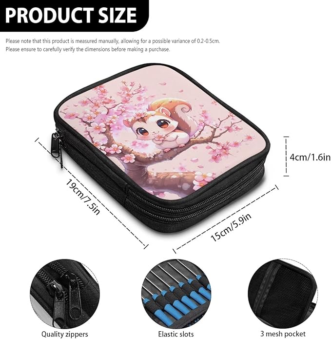 Hechitok Squirrel Cherry Blossom Crochet Hook Case with Zipper and Web Pockets for Crochet Needles/Knitting Accessories Lightweight Organizer Bag for Crochet Hook Kit Tools