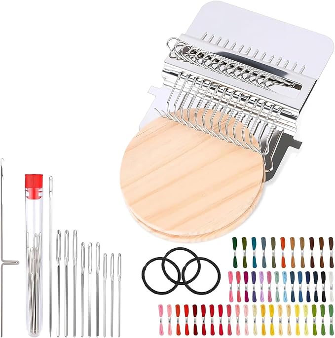 Mini Darning, Knit Patch Kit for Beginners, Wooden Weaving Tool with Stainless Steel Needles, Portable Darning Looms Kit for Quickly Mending eans Clothes Tapestries Carpets Scarves (14 Hooks)