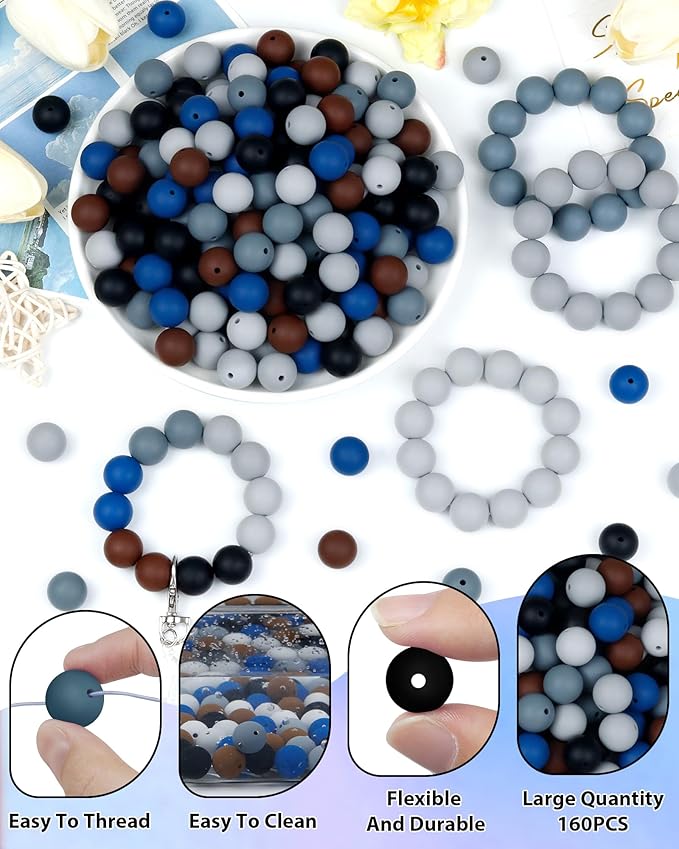 160pcs fiveizero 12mm silicone beads for keychain making, black mixed 6 colors round silicone bead bulk for pens, rubber beads for bracelets and diy crafts