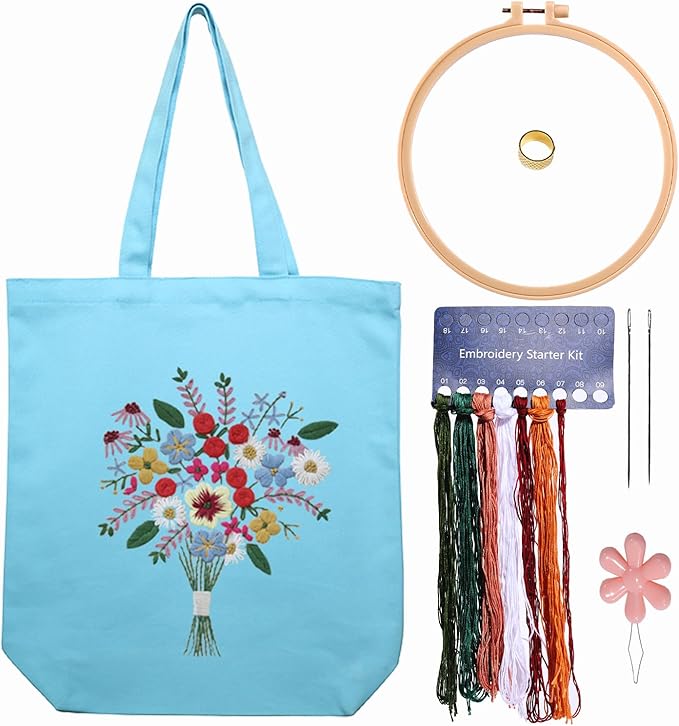 CREAWONDER Canvas Tote Bag Embroidery Kit with Pattern for Beginners, Arts and DIY Embroidery Crafts Kits for Adults, Include Instructions, Thimble, Embroidery Hoops, Color Threads and Tool