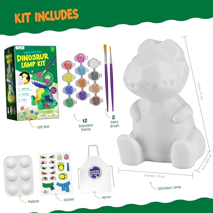 laoese paint your own dinosaur lamp kit, art supplies kids paint set, arts and crafts for kids ages 8-12, dinosaur toys girls boys halloween birthday christmas gifts ages 3 4 5 6 7 8 9 10 11 12+