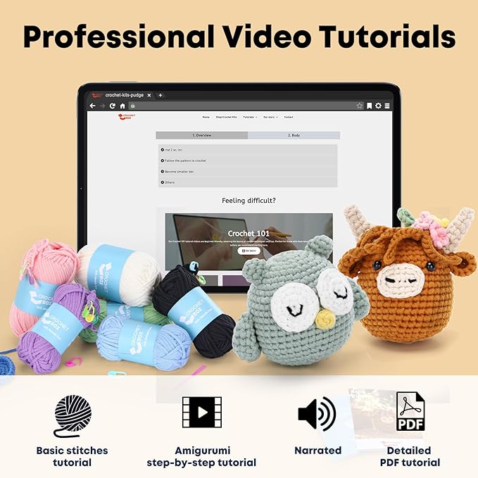 CrochetBox Crochet Kit for Beginner, Highland Cow and Owl Learn How to Crochet Stuffed Animals Gift for Adults and Teen(), Knitting Set with Yarn Hook Stitch-by-Stitch Video Tutorial