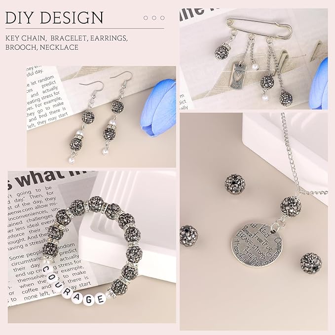 200pcs 10mm Hematite Rhinestone Beads for Jewelry Making, Shiny Round Shamballa Disco Ball Beads Bulk, Sparkle Crystal Clay Christmas for Bracelet Baseball Necklace Earring Crafting and DIY