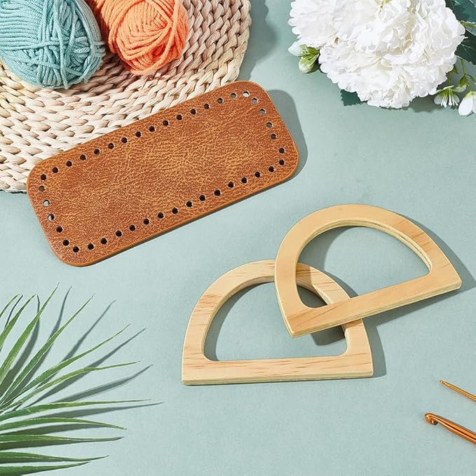 PH PandaHall Crochet Bag Making Kit, 7x3 inch Brown PU Leather Bag Bottom Bases with 2pcs 4.7x3.3 inch D Shape Wooden Handles Purse Handle for DIY Knitting Bags Handbag Shoulder Bags Making