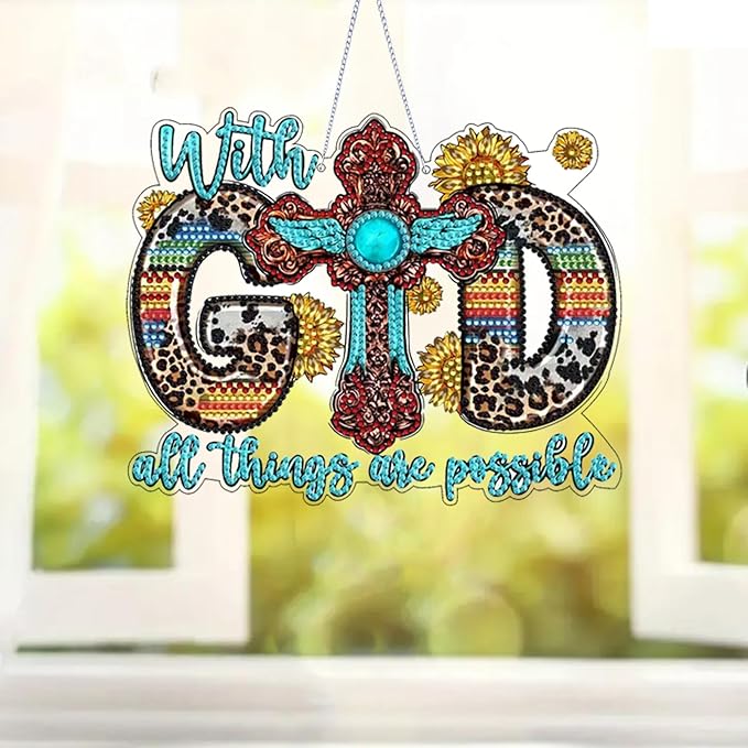 STGLCR Cross Diamond Art Hanging Kit for Adult,Special Shaped Rhinestone,DIY Acrylic God 5D Diamond Art Painting Window Pendants Home Garden Wall Hanging Kits Hanging Ornament 7.8inch