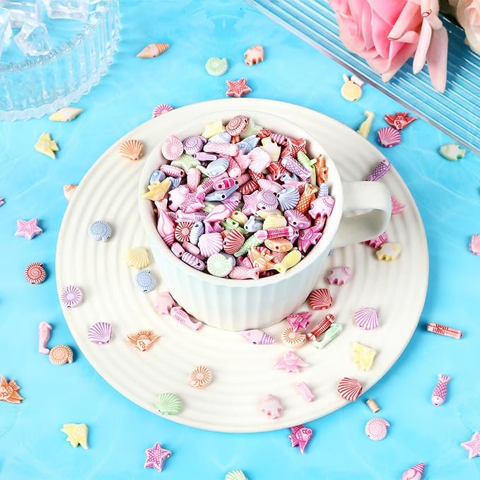 Augshy 700pcs Cute Acrylic Mini Shell Fish Starfish Beads for Party Decoration Making DIY Craft Accessories