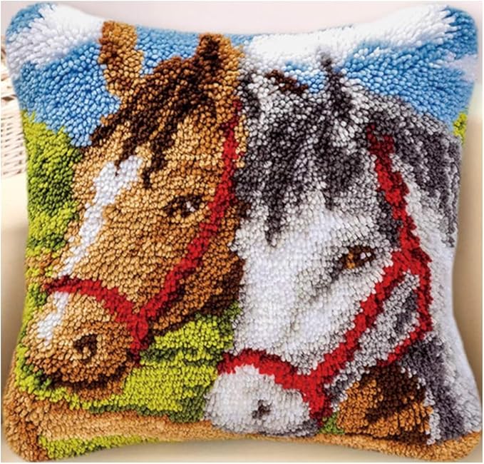 LAPATAIN Latch Hook Kits for DIY Throw Pillow Cover,Needlework Cushion Cover Hand Craft Crochet for Great Family 17X17inch(Two Horses)