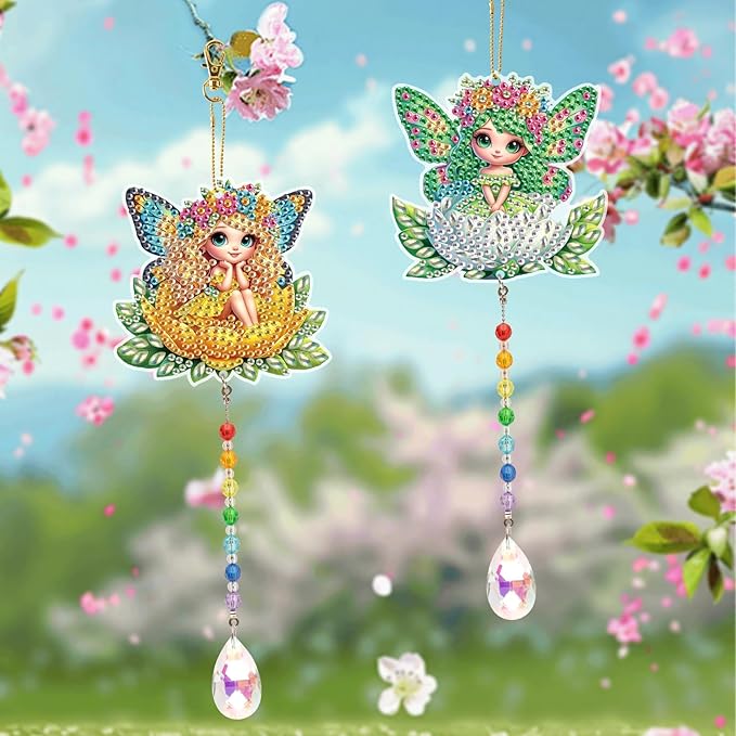LazyFold 2 Pcs Diamond Painting Wind Chime Kits,Flower Fairy DIY Diamond Art Painting Wind Chime Kits Crystal Art Suncatchers for Adults Home Garden Window Craft Gift