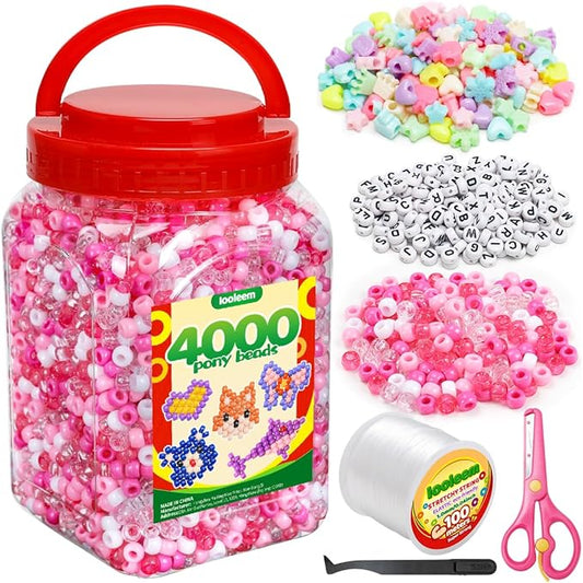 iooleem pink solid & glitter bulk pony beads - 4000pc kit for friendship bracelets & jewelry making, easy storage