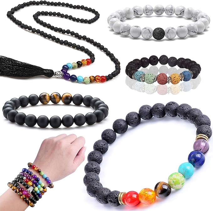 EuTengHao 715Pcs Lava Beads Stone Rock Beads Glass Beads Bracelet Making Kit with Chakra Beads Spacer Beads Bracelet Elastic String for Diffuser Essential Oils Bracelets DIY Jewelry Making Supplies