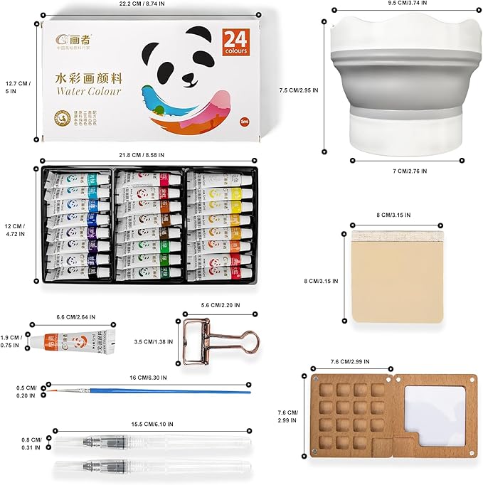 GXJF 24 Colors Portable Watercolor Travel Set, Magnetic Folding Wooden Palette with Refillable Water Brushes & Cotton Sketchbook, Non-Toxic Watercolor Kit for Beginners, Artists & Kids, Ideal for Outdoor Sketching & Travel Painting