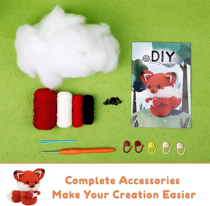 Mnuizu Crochet Kit for Beginners, Animal Crochet kit for Starters with Instructional and Step-by-Step Video Tutorials, Complete Crochet Accessories, Crochet Kit for Adults,Easy Starter Present(Fox)