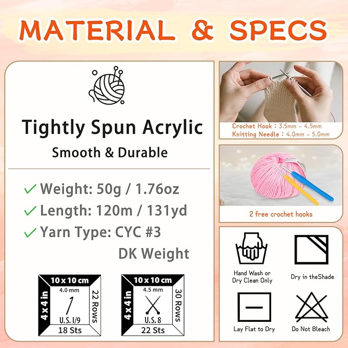 Acrylic Yarn for Crocheting - 6 Pack of 50g/1.76oz - Soft DK Weight Yarn (CYC #3), No-Splitting, Tightly Spun Acrylic for Smooth & Durable Crocheting – Toys, Scarves & Crafts(Pink)