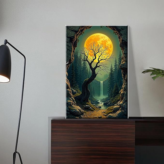 JOOZ Paint by Numbers Kit for Adults with Frame Moon Paint by Number with Easel Tree Adult Paint by Number Kits Framed Canvas Mountain Waterfall Oil Painting Kits for Gift Home Wall Decor 8x12 Inch