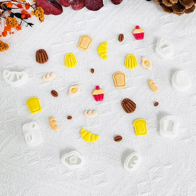 Xaekicr Breakfast Food Polymer Clay Cutters Set – 7pcs Bread Cupcake Egg Coffee Designs Clay Cutters for Polymer Clay Jewelry Making – Cute Clay Molds and Clay Tools for Mini Food Earrings
