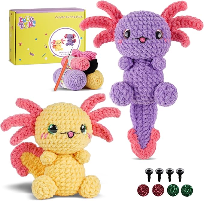 LUDOTEK Crochet Kit for Beginners, Crochet Animal Kits,Crocheting Kit for Starters with Step-by-Step Video Tutorials, Beginner Crochet Kits for Adults(2 Pack Axolotl)