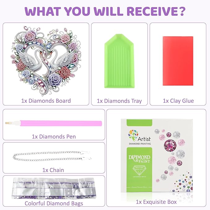 MEIYUDA Valentine's Day Diamond Art Hanging Kits for Adult, Two Swans Diamond Painting Hanging Kits Ornaments, DIY Love Special Shaped Rhinestone Window Pendants kit for Home Garden Wall Decor Gift