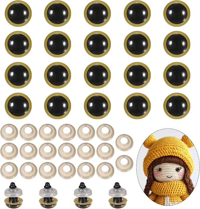 PATIKIL 12mm Safety Eyes, 20Pcs Realistic Doll Crocheting Safety Eyes with Washers for Decor Crochet Accessories Dolls Craft Halloween, Gold Tone