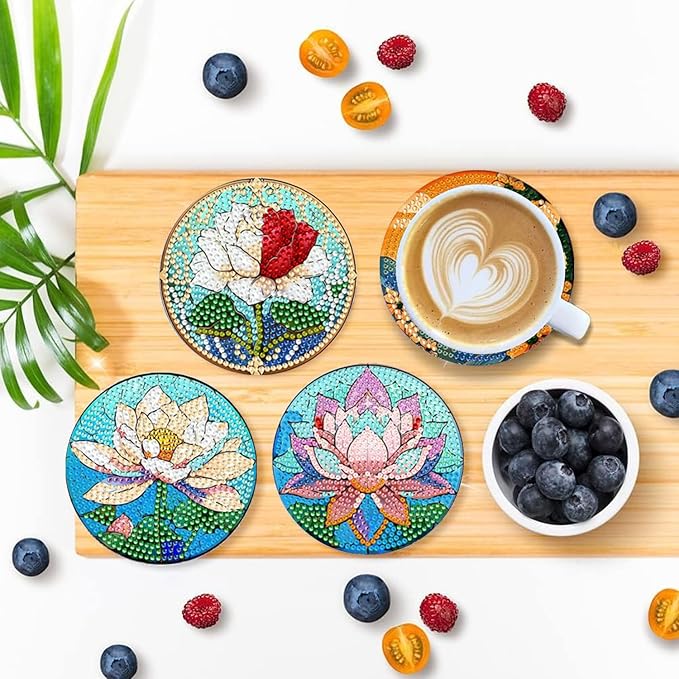 EWJRNSF 6 PCS Small Diamond Art Coasters Kits, Diamond Painting Coasters, Fall Diamond Art Kits for Adults Beginners, Arts and Crafts Item Sets with Holder for Drinks. Flowers