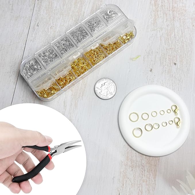1200 Pcs Jump Rings for Jewelry Making Supplies, Necklace Repair Kit with Plier, Tweezer, Lobster Claw Clasps, Open Rings for Crafts & Keychains (1200Pcs Gold)
